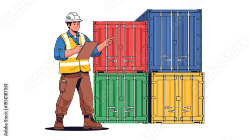 Supply Chain Inspector's Observation: A focused inspector meticulously examines a stack of vibrant shipping containers, embodying diligent quality control and logistics management in the field.