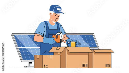 Solar Panel Installer: An installer in the solar energy sector diligently packages panels in a box, readying them for transport. This scene captures the spirit of sustainability.