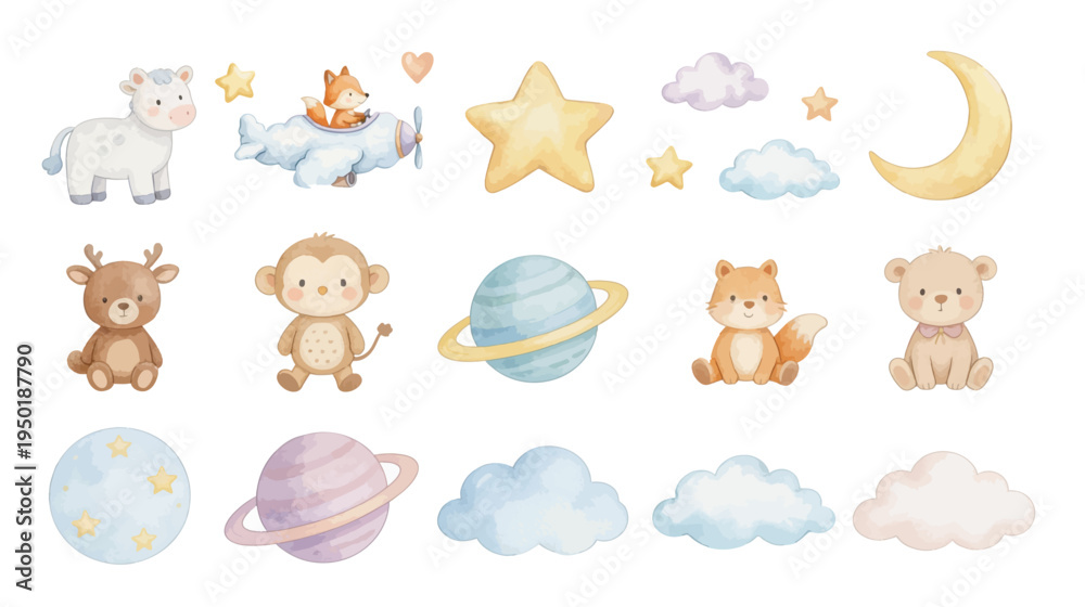 Fototapeta premium Cute baby animal nursery set with fox plane, moon, stars, clouds and planets. Collection of Vector illustrations. Perfect for invitation, card, poster, banner, decoration