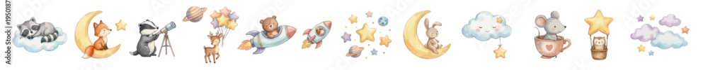 Fototapeta premium Adorable baby animals watercolor style set with celestial elements, moon, stars, planets, clouds, cozy characters for nursery design, kids print, fantasy theme. Collection of Vector illustrations. 