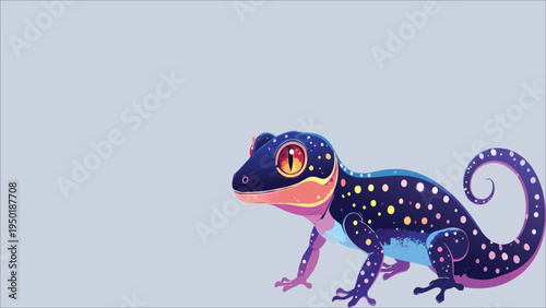 Colorful cartoon gecko lizard vector illustration with bright galaxy style spots, cute reptile character design isolated on soft background, modern flat wildlife animal artwork.