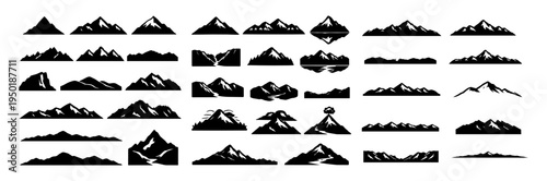 Mountain Silhouette Set Collection – Alpine Peaks, Mountain Ranges and Landscape Terrain Icons