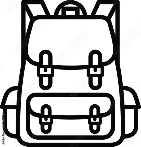 A simple black outline illustration representing a classic school backpack with side compartments