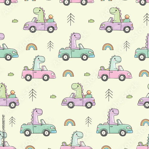 Seamless pattern with funny brachiosaurus in the car. Kids print. Vector hand drawn illustration.
