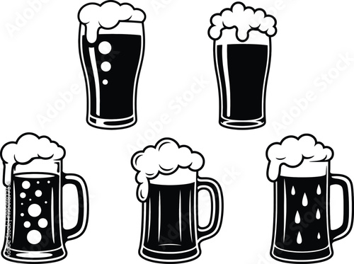 Five stylized illustrations of dark beer in different types of glasses