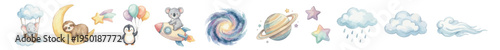 Watercolor dreamy space clipart with baby animals, galaxy swirl, planets, clouds, stars, moon and balloons for nursery design and kids decor. Collection of Vector illustrations. Perfect for invitation