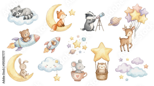 Cute galaxy space set. Cute woodland animals in dreamy night sky set with fox on moon, raccoon with telescope, deer, bear in rocket, bunny, mouse, stars and clouds. Collection of Vector illustrations.
