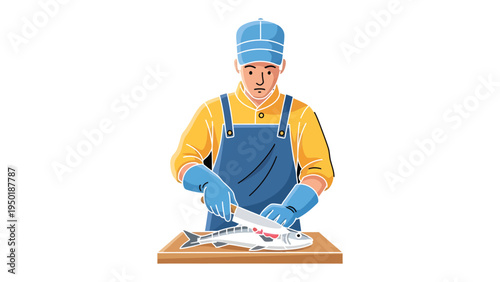Culinary Craft: A skilled cook meticulously prepares a fresh fish, demonstrating the art of precision in a culinary setting.