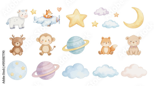 Cute baby animal nursery set with fox plane, moon, stars, clouds and planets. Collection of Vector illustrations. Perfect for invitation, card, poster, banner, decoration