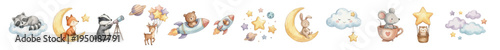 Adorable baby animals watercolor style set with celestial elements, moon, stars, planets, clouds, cozy characters for nursery design, kids print, fantasy theme. Collection of Vector illustrations. 