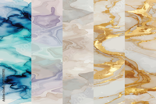 Elegant Abstract Fluid Art Texture Collection with Alcohol Ink Inspired Marbling Patterns and Luxurious Golden Accents Backgrounds