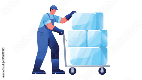 Ice Delivery: An illustrated delivery person skillfully maneuvers a hand truck laden with glistening ice blocks, ensuring cool refreshment.