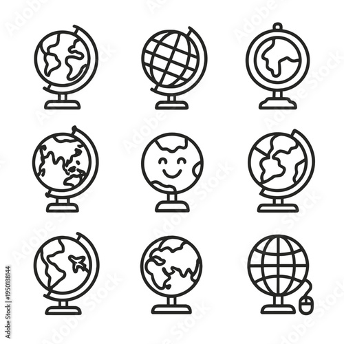 Outline icons of globes with various continents and smiling face