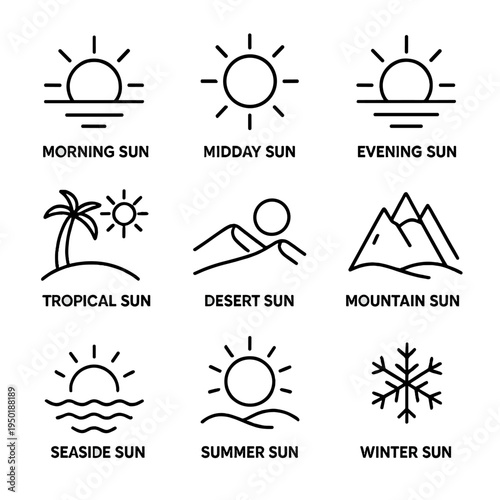 Minimalist sun icons representing different times and environments