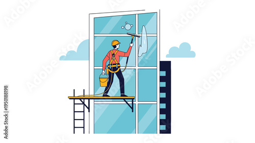 Window Washer's View: A dedicated window washer meticulously cleans the towering glass facade of a modern skyscraper, perched on a precarious platform, ensuring every pane sparkles.