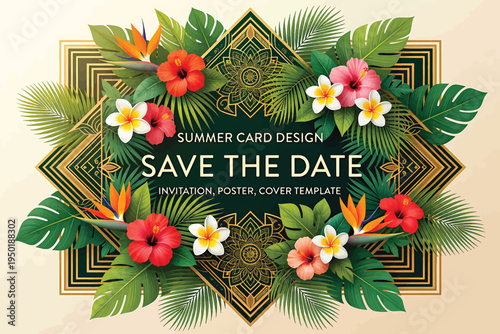 Summer card design with tropical flowers and leaves, save the date invitation