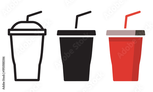Three stylized beverage cups with straws, one outlined, one solid black, one red