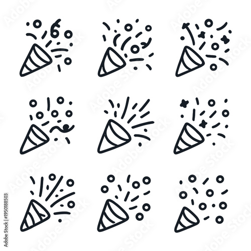 Festive celebration icons: party popup with confetti and decorative elements