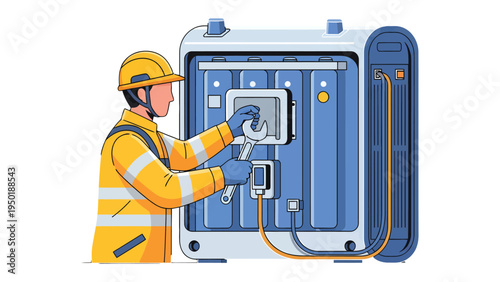 Engineer at Work: A skilled engineer, meticulously focused, works diligently on the intricate machinery, embodying precision and expertise in a high-tech field.