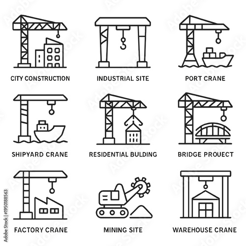 Cranes and construction icons depicting various industrial and building sites