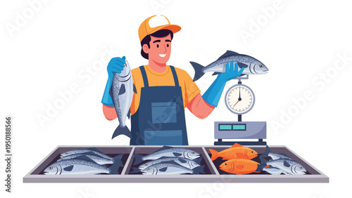 Fresh Catch: A skilled fishmonger proudly presents his fresh catch. In a bustling fish market, he stands behind a display of various fish, using a scale to weigh and showcase his selection.
