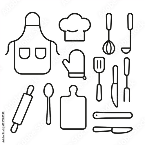 Minimalist kitchen tools icons: apron, chef hat, utensils, and cutting boards