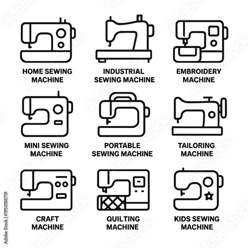 Sewing machine icon set featuring embroidery, quilting, and craft machines