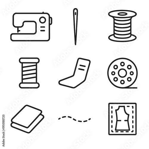 Sewing icons set: needle, thread, sewing machine, and more