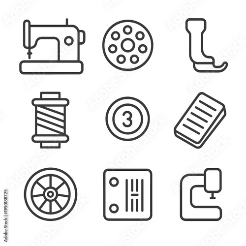 Sewing machine icons set: spool, bobbin, presser foot, stitch plate, feed dog