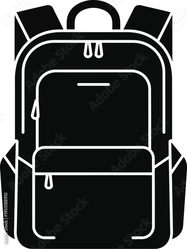 A black silhouette of a standard school backpack with multiple zippered compartments and straps