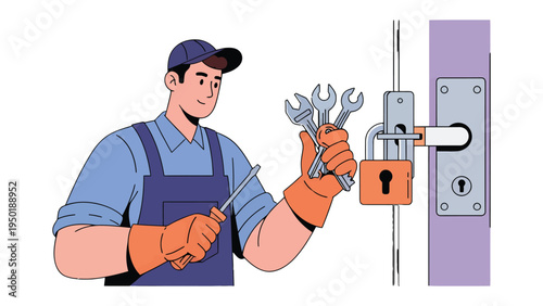 Security Expert at Work: A skilled security professional, equipped with tools, assesses and services a door lock, symbolizing protection and safety.