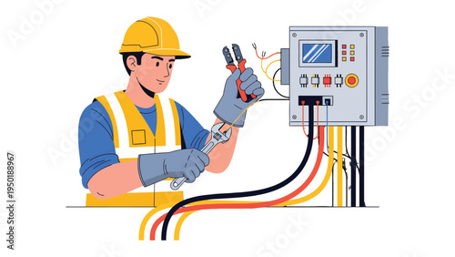 Precision Electrical Work: A skilled electrician, equipped with essential tools, meticulously works on an electrical panel.
