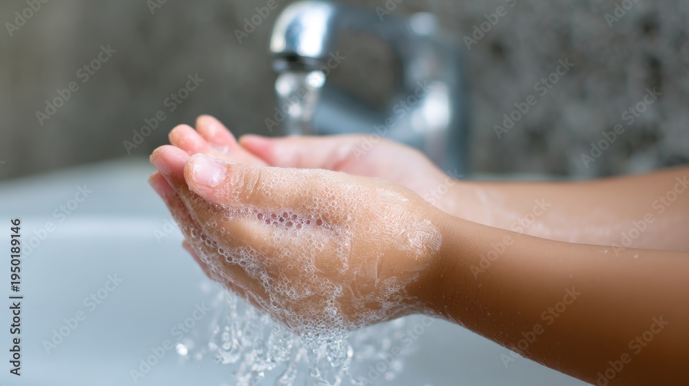Fototapeta premium Handwashing demonstration in a modern bathroom cleanliness focus indoor environment close-up view for health awareness