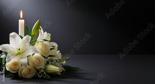 White roses and lilies bouquet with lit candle on dark background for memorial or funeral service floral arrangement