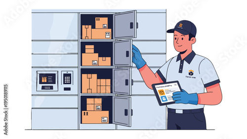 Secure Parcel: An illustration showcasing a delivery person using a tablet to manage packages in a secure locker system, symbolizing safe and efficient parcel handling.