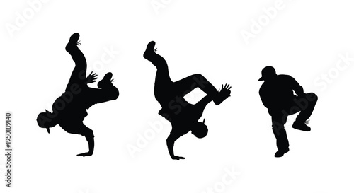 Dynamic breakdancing figures in black illustrating energetic movement and skill presented as a silhouette high quality