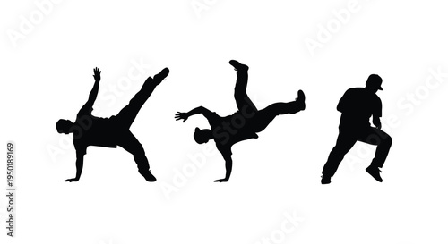 Dynamic breakdancing poses are captured in striking black forms emphasizing movement a silhouette high quality