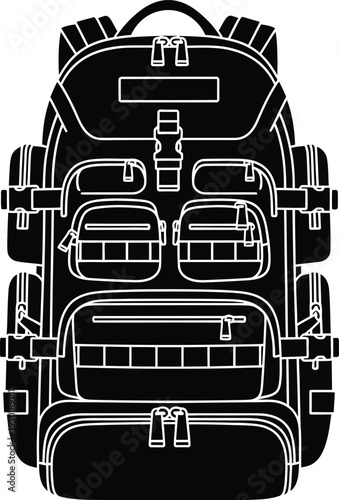 A detailed black and white line art illustration of a heavy duty tactical hiking backpack unit