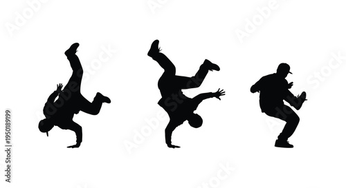 Dynamic breakdancers captured in mid movement showcasing athletic prowess as a striking black silhouette high quality professional