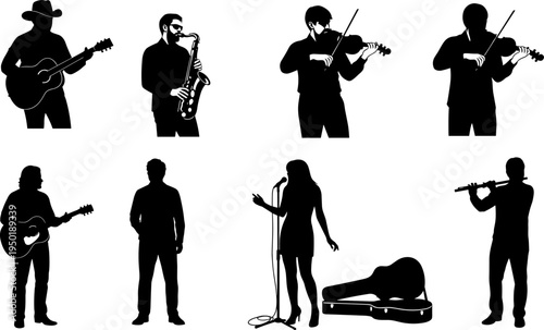 Musician silhouettes set, band performers collection, guitar saxophone violin flute singer, black silhouette people playing instruments isolated on white background