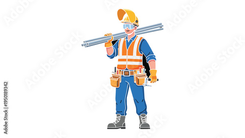 Construction Worker's Dedication: A focused construction worker confidently strides, bearing materials, a testament to hard work and skillful craftsmanship.