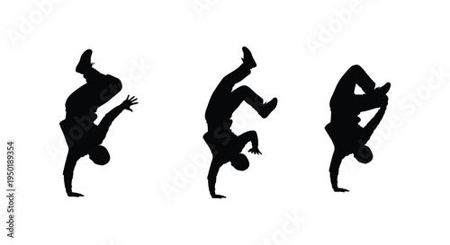 Three dynamic figures performing acrobatic movements captured in a striking black silhouette high quality professional detailed