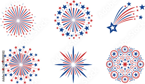patriotic fireworks bursts, USA independence day stars, red white blue celebration, American holiday fireworks icons, fourth of July