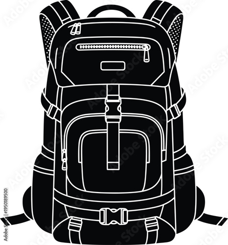 A detailed black and white line art illustration of a heavy duty hiking backpack for outdoor use