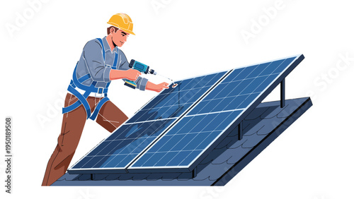 Solar Panel Installation: A skilled technician, equipped with necessary tools, diligently installs solar panels, symbolizing the transition towards sustainable energy sources.
