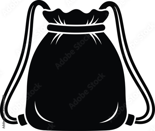 A simple black silhouette icon of a sporty drawstring backpack used for carrying gym equipment