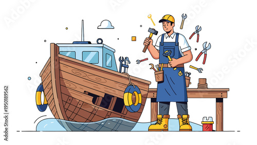 Boat Repair Illustration: A skilled craftsman, surrounded by tools, diligently repairs a wooden boat, embodying the essence of craftsmanship and maritime restoration.