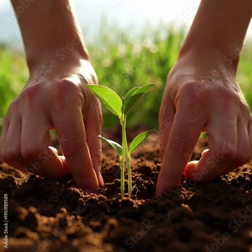 Hands planting young seedling in soil