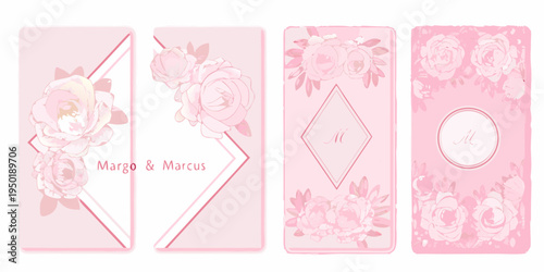 Pink floral wedding invitation suite with geometric accents and names