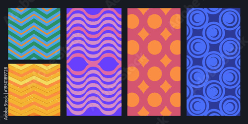 Four vibrant colorful patterned rectangles arranged in a grid formation